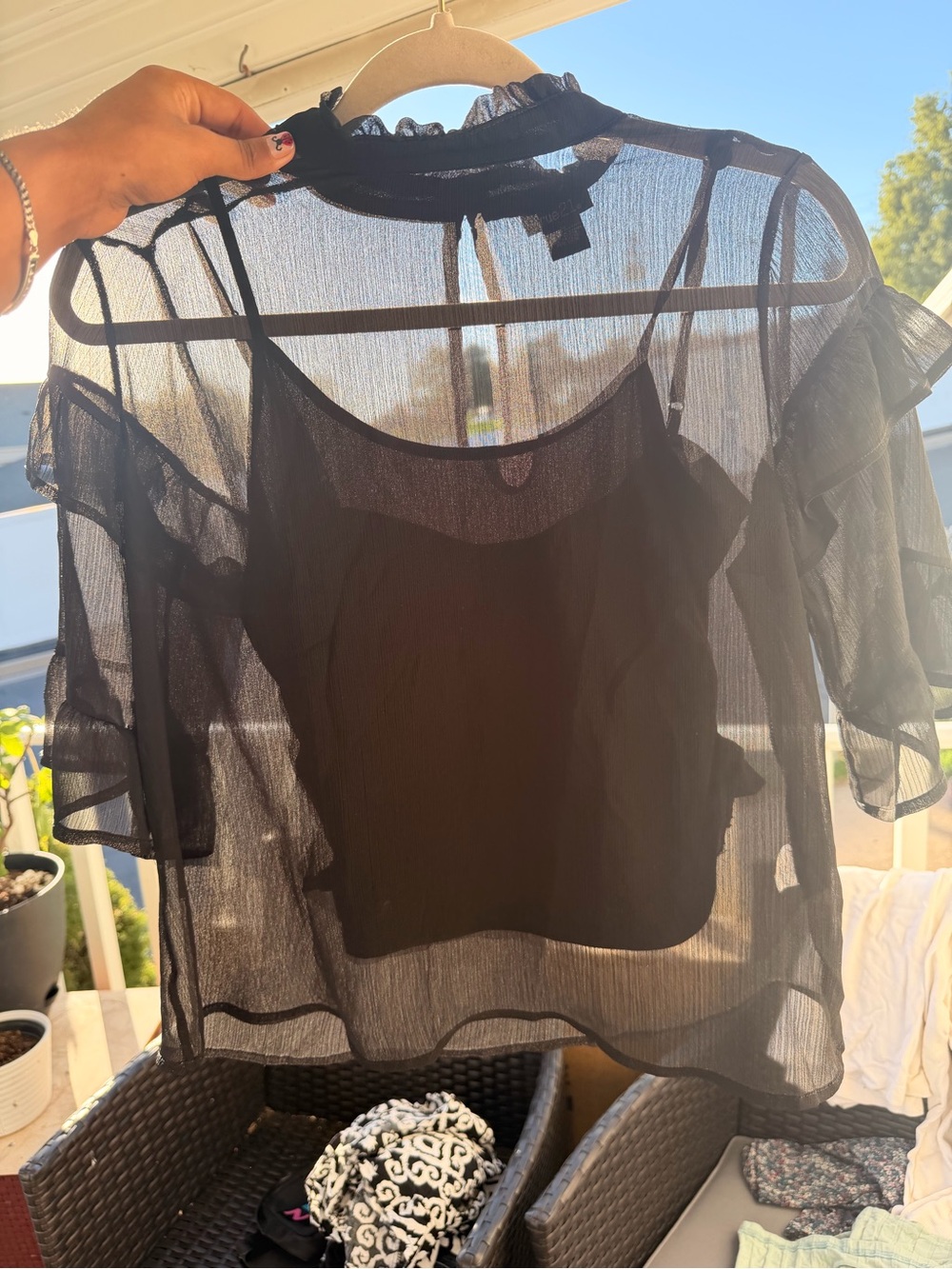Rue21 Black Sheer Ruffle-Trim Blouse with Matching Cami